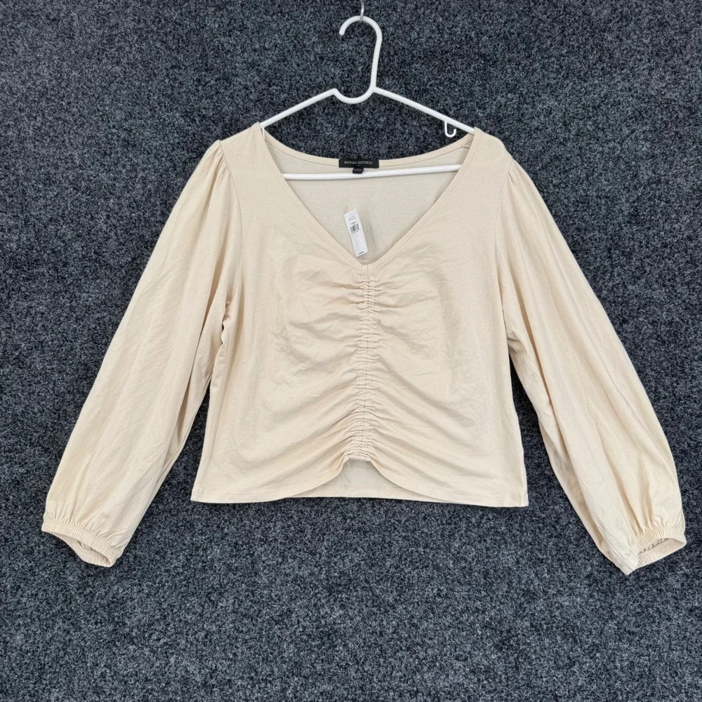 Banana Republic Ruched V-Neck Puff Sleeve Top Cream Beige 812562-02-1 L